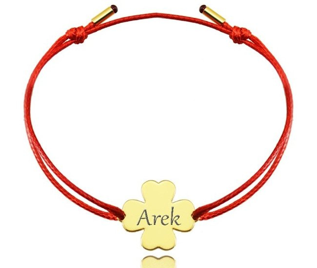 1046 BRANSOLETKA Z GRAWEREM koniczynka srebro złocone na sznureczku