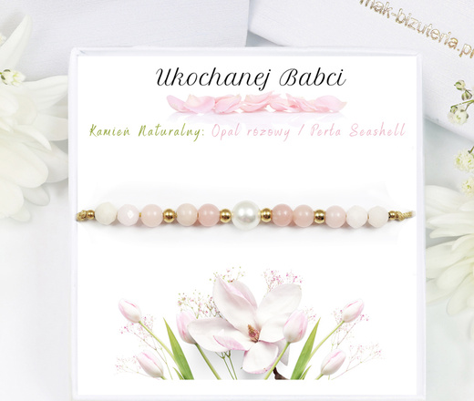 1746/3 różowa bransoletka z kamieniami naturalnymi i perełką dla babci zestaw