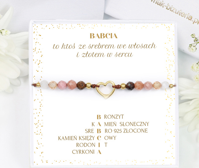 1746/7 beżowa bransoletka z kamieniami naturalnymi s.925 pozłacane dla babci zestaw