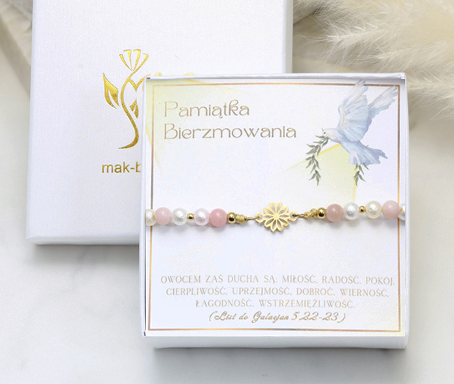 Zestaw na bierzmowanie , kamienie naturalne pastelowy róż 1812