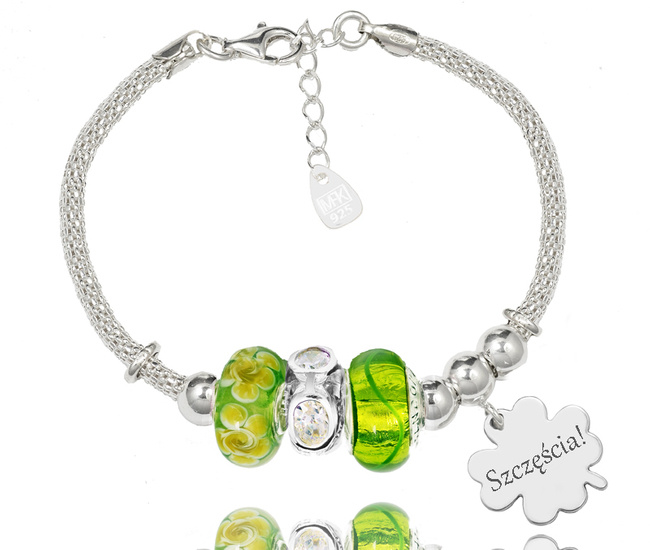 1305 bransoletka grawerowana koniczynka beads srebrna zielony
