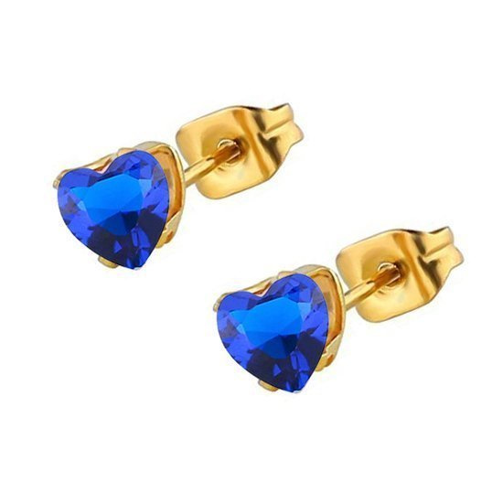 599/1023 Kolczyki serduszka złote 3 mm, niebieskie cyrkonie stal szlachetna pozłacana