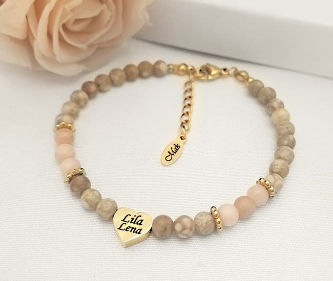 beżowo-różowa bransoletka pozłacana z grawerem i kamieniami naturalnymi Premium 1794/26