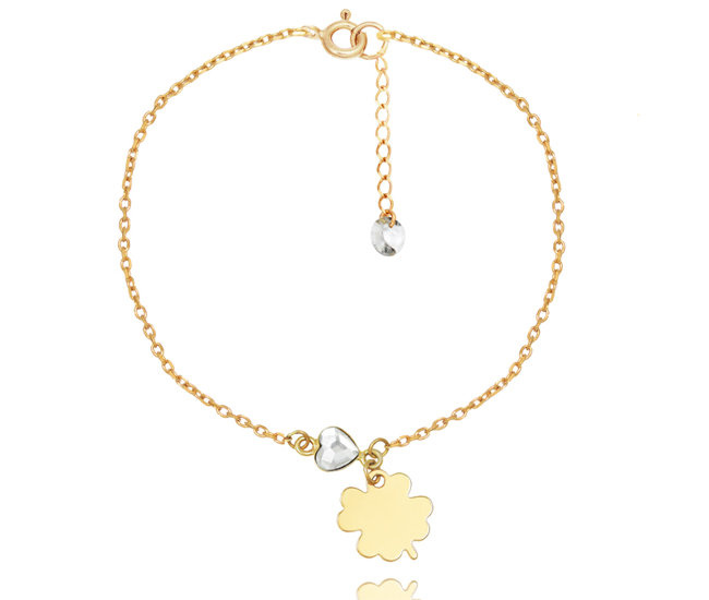 1383/19 bransoletka srebrna 925 pozłacana z sercem i koniczynką