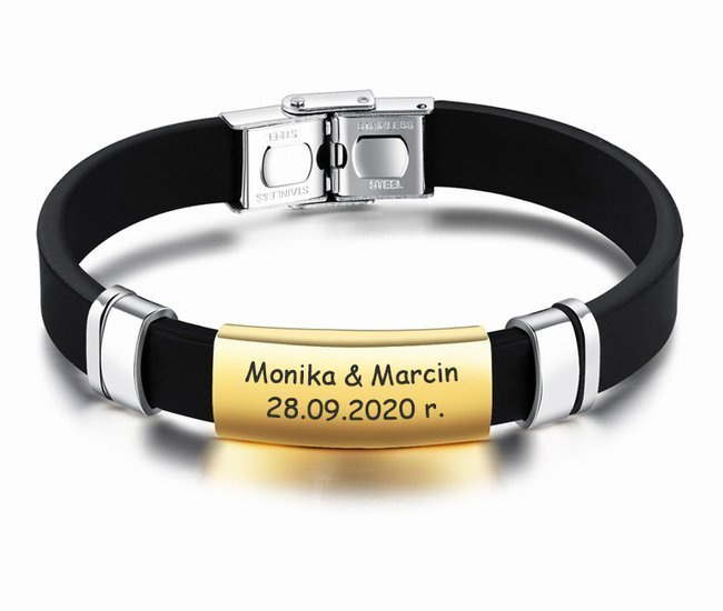 599/1003 bransoletka męska stalowa personalizowana złota blaszka