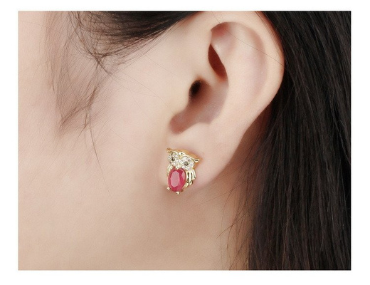 Kol 599/512 kolczyki żółte złoto, wysadzane cyrkoniami, kolczyki sowy fuksja