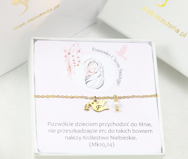 Zestaw prezentowy na Chrzest Św. bransoletka grawerowany  z perełkami i gołębiem w pudełku 1798