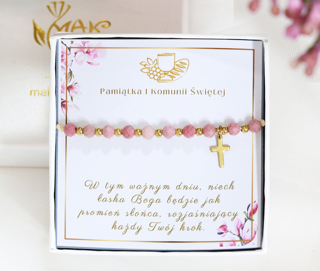 prezent na Komunię dla dziewczynki bransoletka różaniec zestaw 1803/4