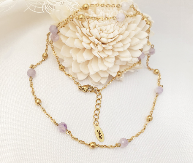 Pozłacany naszyjnik z fioletowymi kamieniami naturalnymi 1789