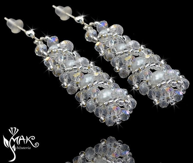 KOL434  KOLCZYKI  PEREŁKI SZKLANE - KRYSZTAŁY, kolczyki ślubne, kolczyki na ślub