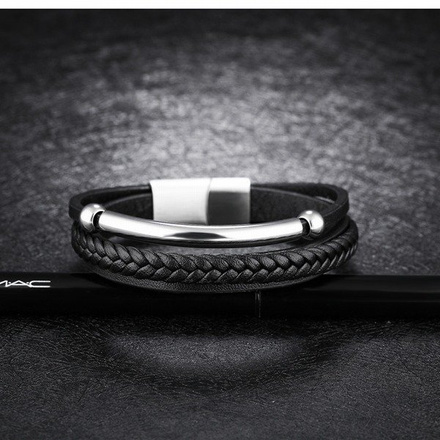Br599/797 BRANSOLETKA Z GRAWEREM męska skóra czarna stalowa blaszka