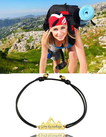 1084 BRANSOLETKA z grawerem na sznureczku, górskie szczyty, góry złote.