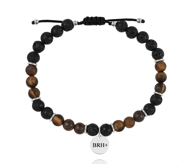 1628/10  bransoletka męska stalowa z grawerem tygrysie oko i lawa wulkaniczna