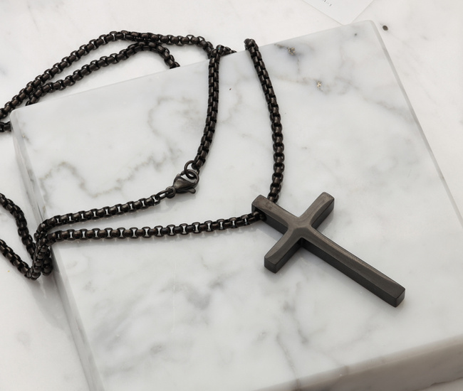 Nieśmiertelnik czarny stalowy łańcuszek z krzyżem 1864/2