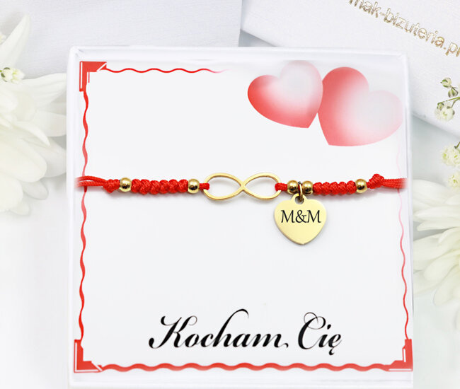 1701/5 bransoletka z sercem grawerowana złota lub srebrna dla dziewczyny na sznureczku