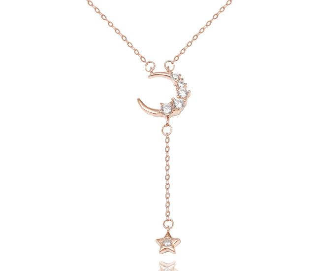 1064/43 Naszyjnik srebrny 925 pozłacany księżyc i gwiazdy z cyrkoniami