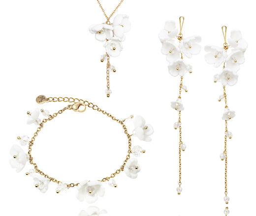 kolczyki ślubne pozłacane z kwiatuszkami i kryształami handmade 1816/2