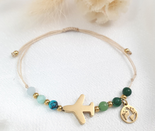 1682 pozłacana bransoletka z globusem i grawerowanym samolotem kamienie naturalne