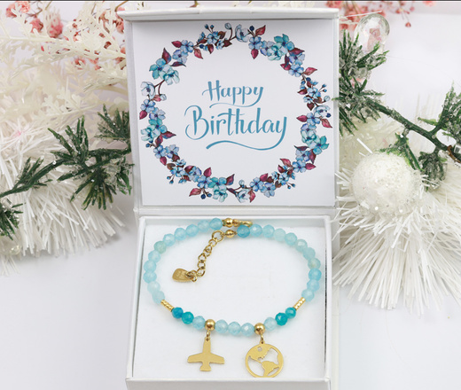 1734/6 niebieska bransoletka podróżnicza srebrna 925 pozłacana z grawerem i kamieniami naturalnymi