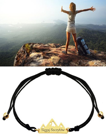 1082 BRANSOLETKA z grawerem na sznureczku, górskie szczyty, góry złote.