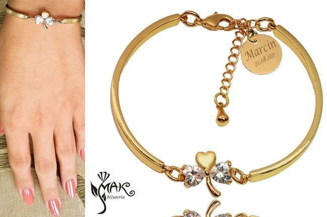 BR717 BRANSOLETKA pozłacana koniczynka grawer