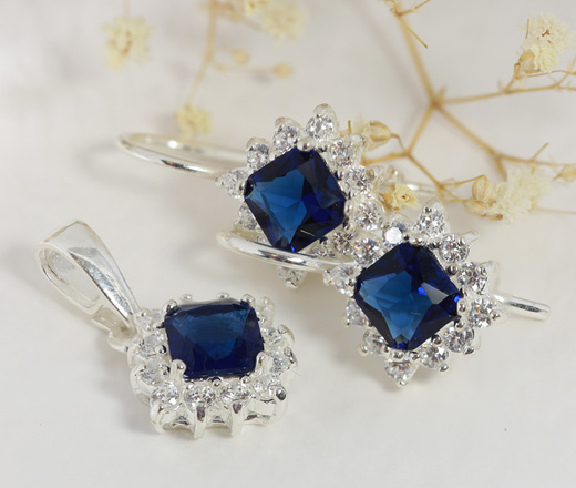 480/476 komplet srebrny z cyrkoniami niebieskimi