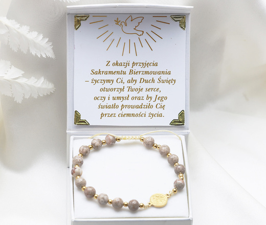 Bransoletka różaniec z Krzyżem Benedyktyńskim kremowy stal złocona 1877/5
