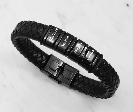 Bransoletka męska z grawerem czarna skóra 1858/1 trzy przekładki