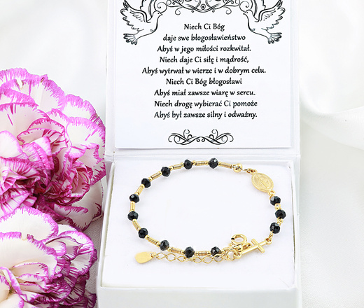 1571/3 bransoletka różaniec z czarnymi kryształkami pozłacana