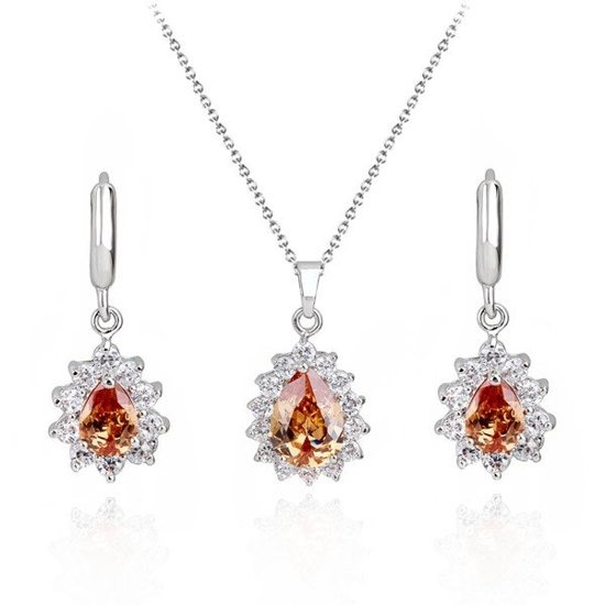 KPL 599/581 komplet kolczyki i wisiorek z szampańskimi  łezkami plus łańcuszek, srebrny