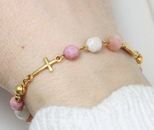 Bransoletka różaniec srebrna 925 pozłacana różowa 1808/1