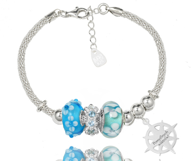 1305 bransoletka grawerowana z różą wiatrów beads srebrna błękit