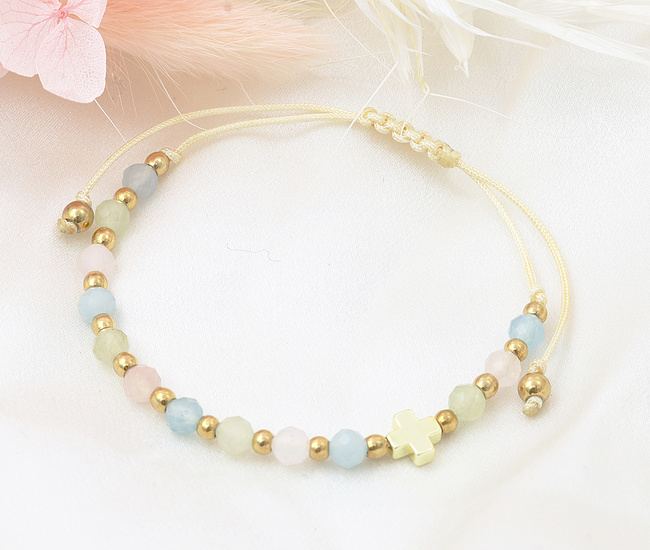 bransoletka różaniec stal złocona na sznureczku morganit 1877/20