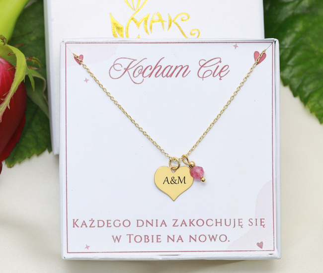 Naszyjnik z sercem grawerowanym, srebro 925 pozłacane z rodonitem 1899/10 zestaw walentynkowy
