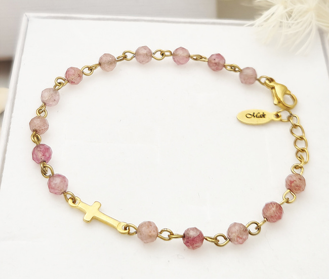 Bransoletka różaniec pozłacana kwarc truskawkowy 1758/15