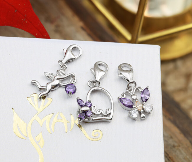 1596/11 srebro 925 komplet charms motyl, serce, amor