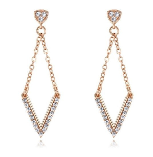 Kol 599/585 KOLCZYKI długie, różowe złoto, z cyrkoniami, litera V