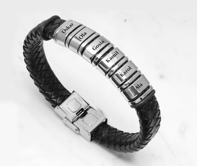 Bransoletka męska z grawerem skóra 1858/1 sześć przekładek