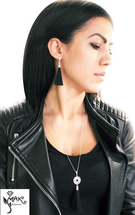 KOL847 komplet chwosty frędzle czarne srebro 925