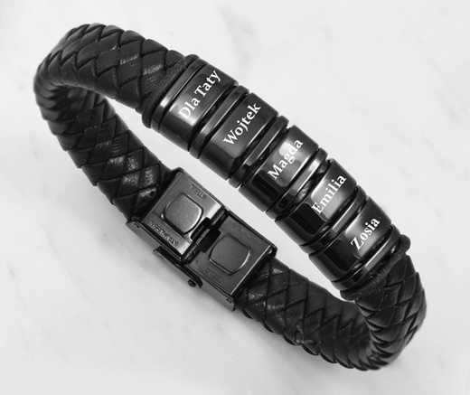 Bransoletka męska z grawerem czarna skóra 1858/3 sześć przekładek