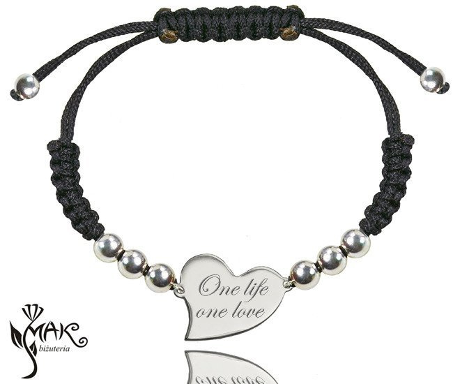 BR667 BRANSOLETKA z grawerem na sznureczku serce asymetryczne