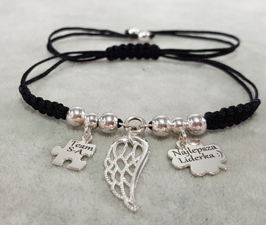 1061 BRANSOLETKA Z GRAWEREM srebrna sznurek ażurowe skrzydełko, gwiazdka, anioł