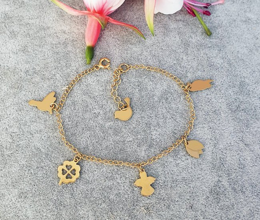 1197 bransoletka grawerowana z zawieszkami serce srebro 925 pozłacane ptaszki koniczynka