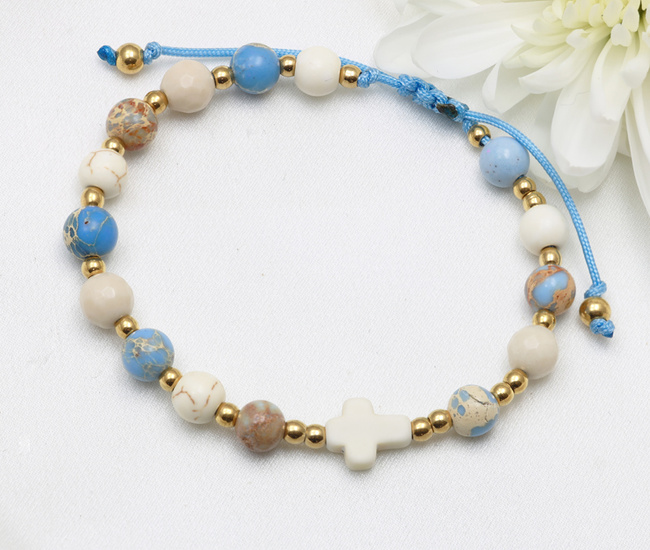 bransoletka różaniec stal złocona na sznureczku turkusowo kremowy 1877/14