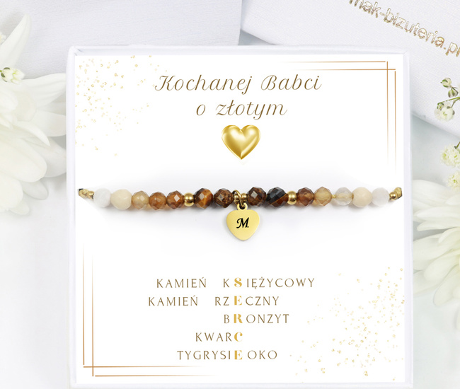 1746/6 beżowa bransoletka z kamieniami naturalnymi i grawerem dla babci zestaw