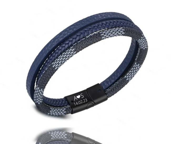 599/1111 męska bransoletka z grawerem skórzana niebieska