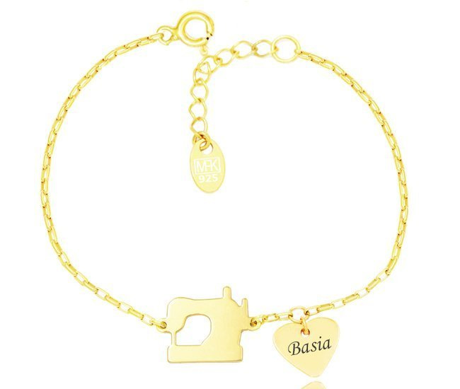 1262 bransoletka srebro 925 pozłacane maszyna do szycia, serduszko z grawerem