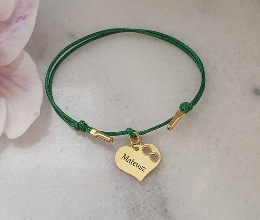 1191 bransoletka srebrna 925 pozłacana złota na sznureczku serce nieskończoność