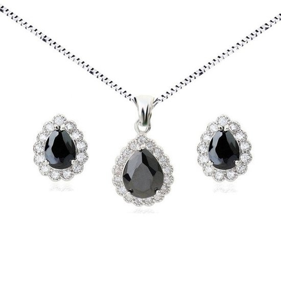 KPL 599/575 komplet kolczyki i wisiorek z czarnymi łezkami plus łańcuszek, srebrny