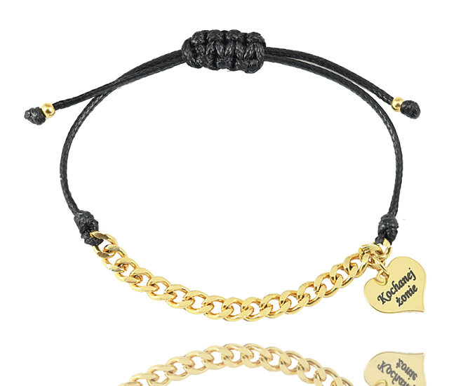 1459 bransoletka srebrna 925 pozłacana na sznureczku serce